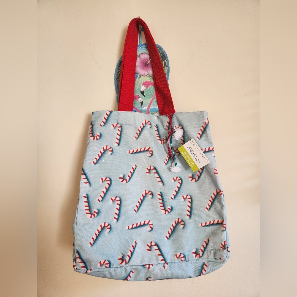 Christmas Candy Cane Reusable Tote Bag NWT Blue